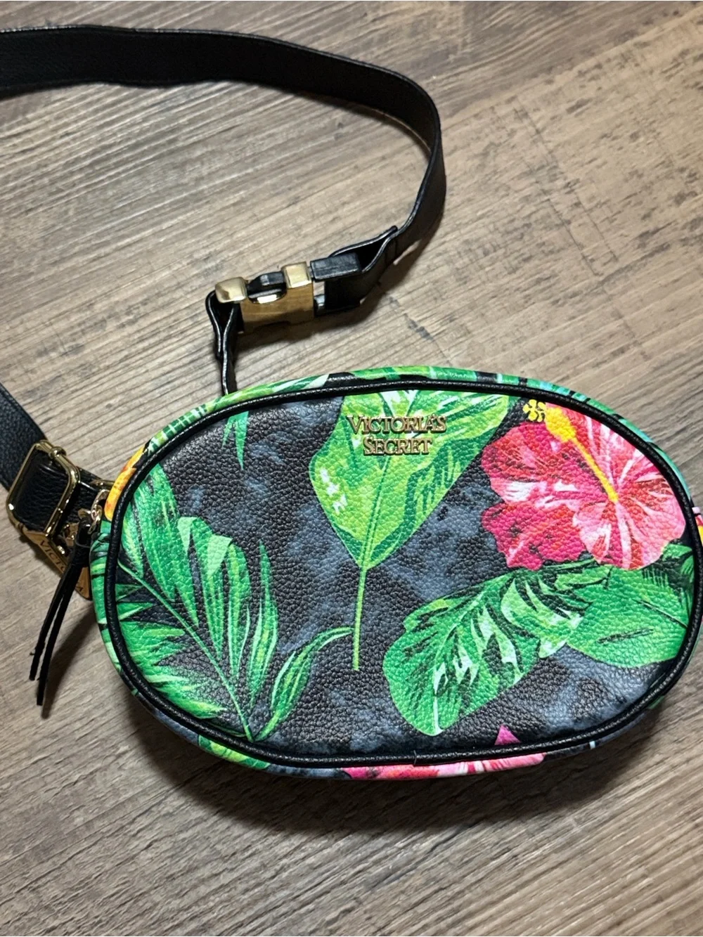 Victoria Secret Black Floral Tropical Crossbody Belt Bag